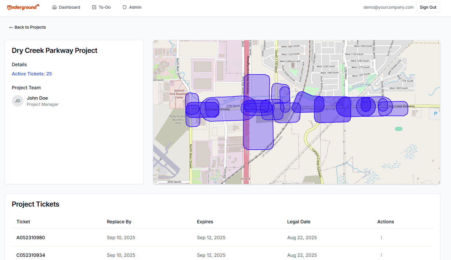 UndergroundIQ project dashboard showing Dry Creek Parkway Project with interactive map and ticket management